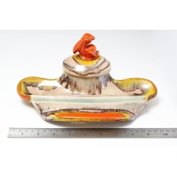 Art Deco Keramik Schreibtisch-Set Tintenfass Löschwiege Umschlaghalter m. Pelikan Figur