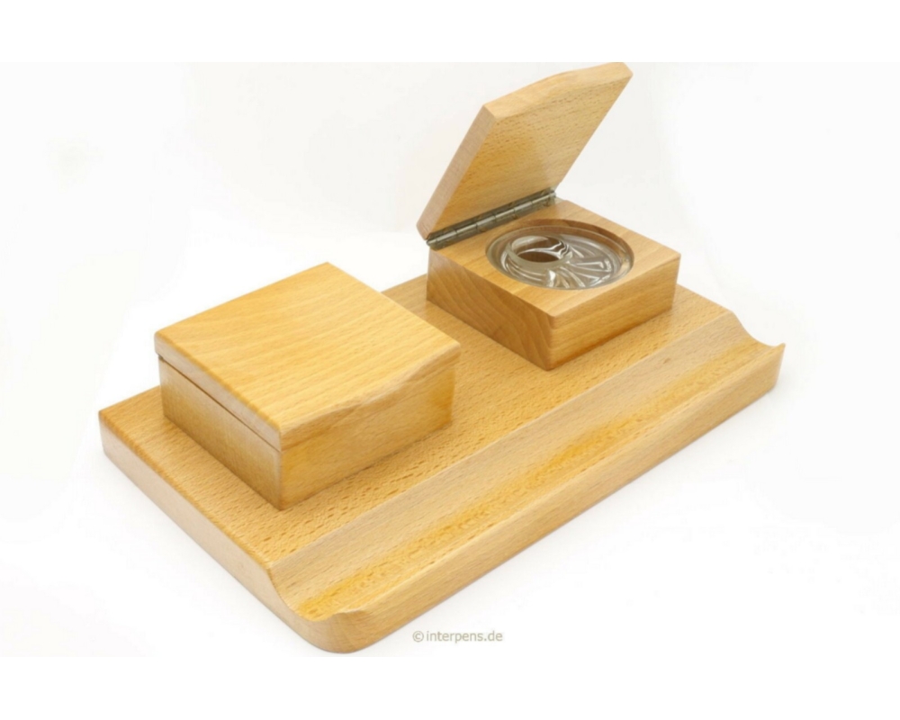 Deskbase Schreibtisch Garnitur Tintenfass Bürozubehör Holz Glas Vintage NOS