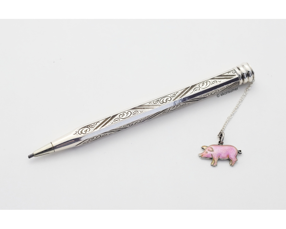 Art Deco Drehbleistift Georg Lauer Tula 835 Silber Glücksschwein 1.18 mm Mine Achtseitige Form